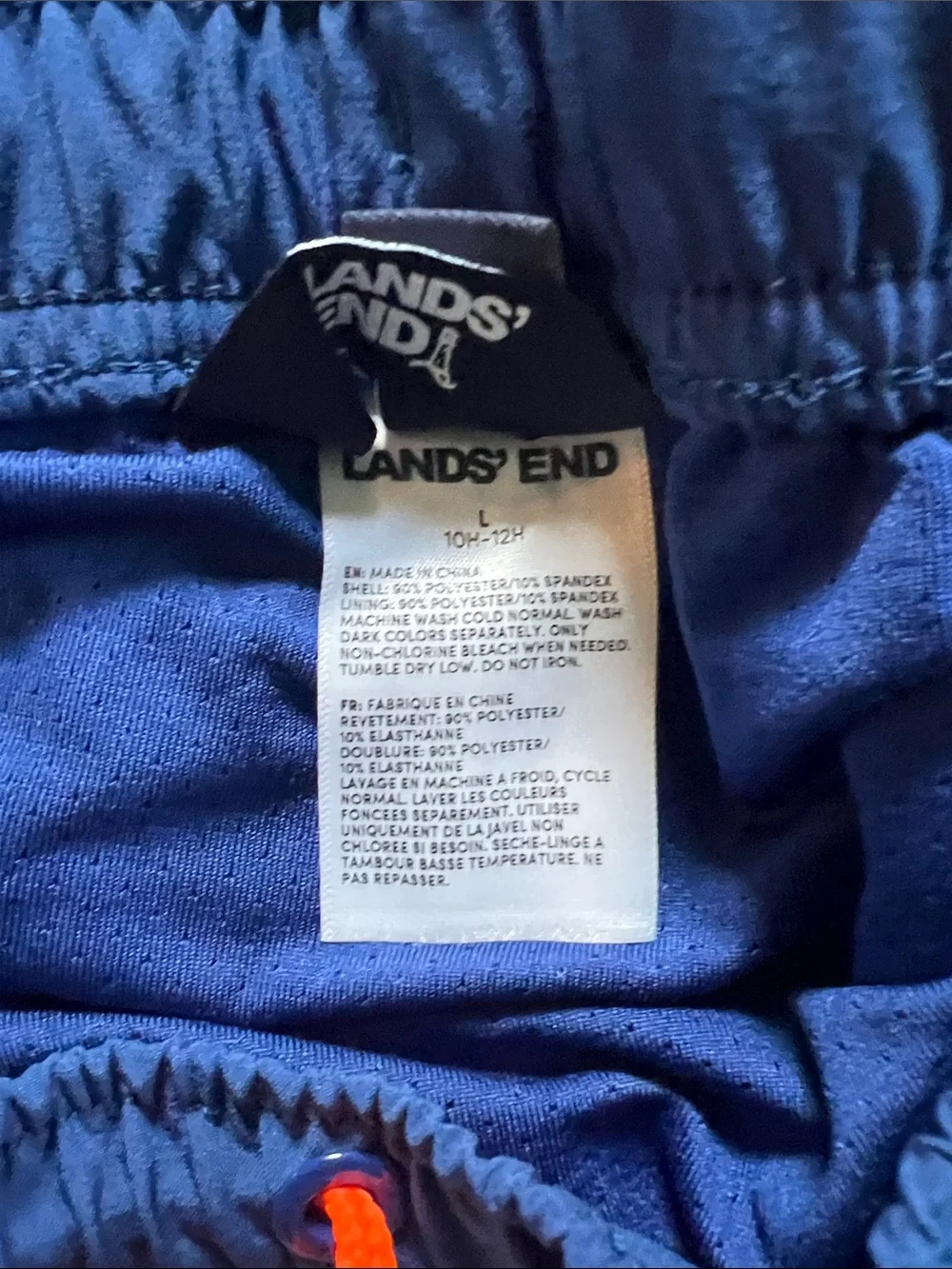 Lands' End Boys' Shark-Print Swim Trunks in Aqua, Navy and Orange